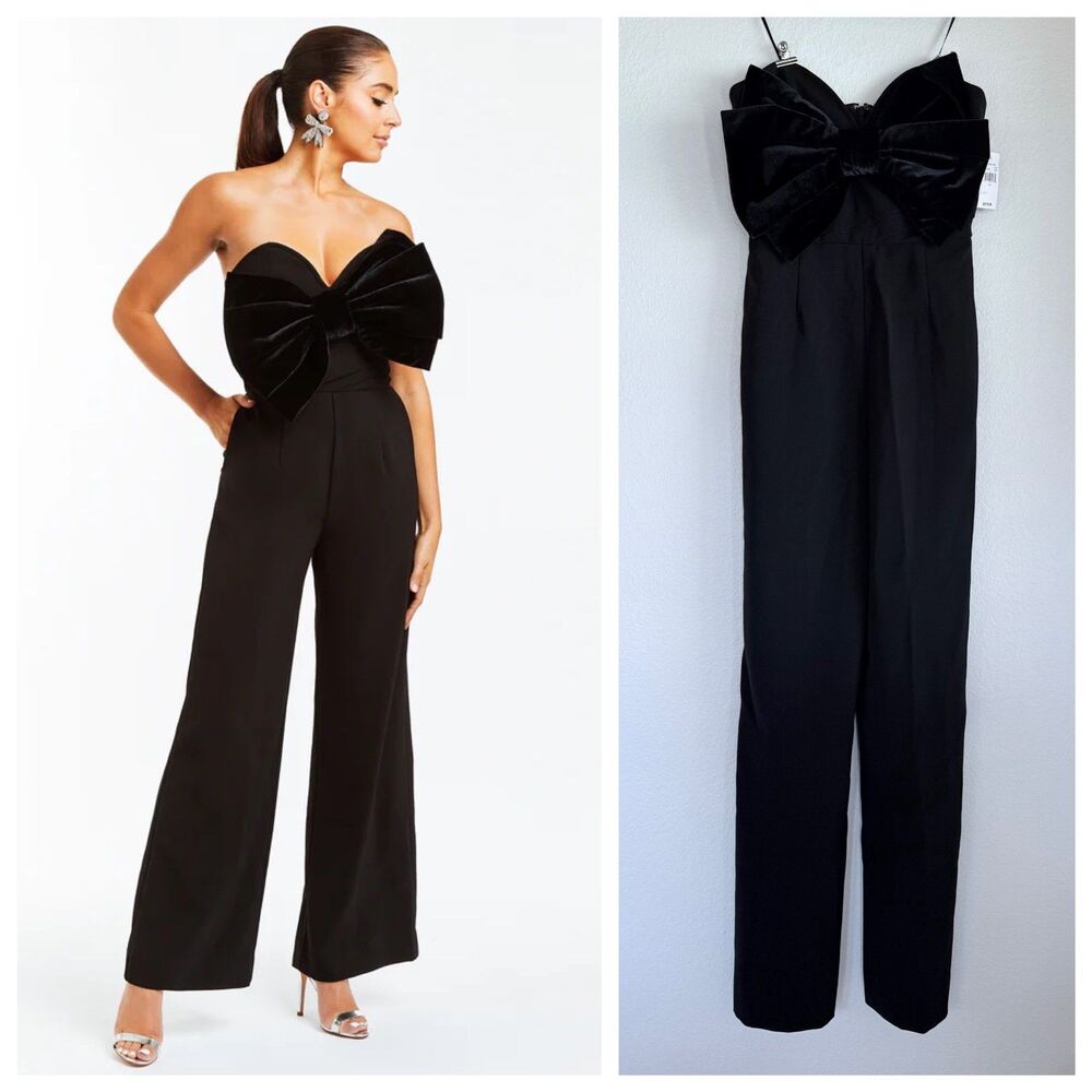 NWT Mestiza New York Jules Strapless Velvet Bow-Front Jumpsuit in Black Size 4